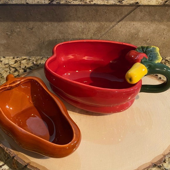 Red Chili Peppers Jalapeños Hot Salsa Chip Dip Serving 2 Bowl Dish Set Ceramic - Picture 7 of 16